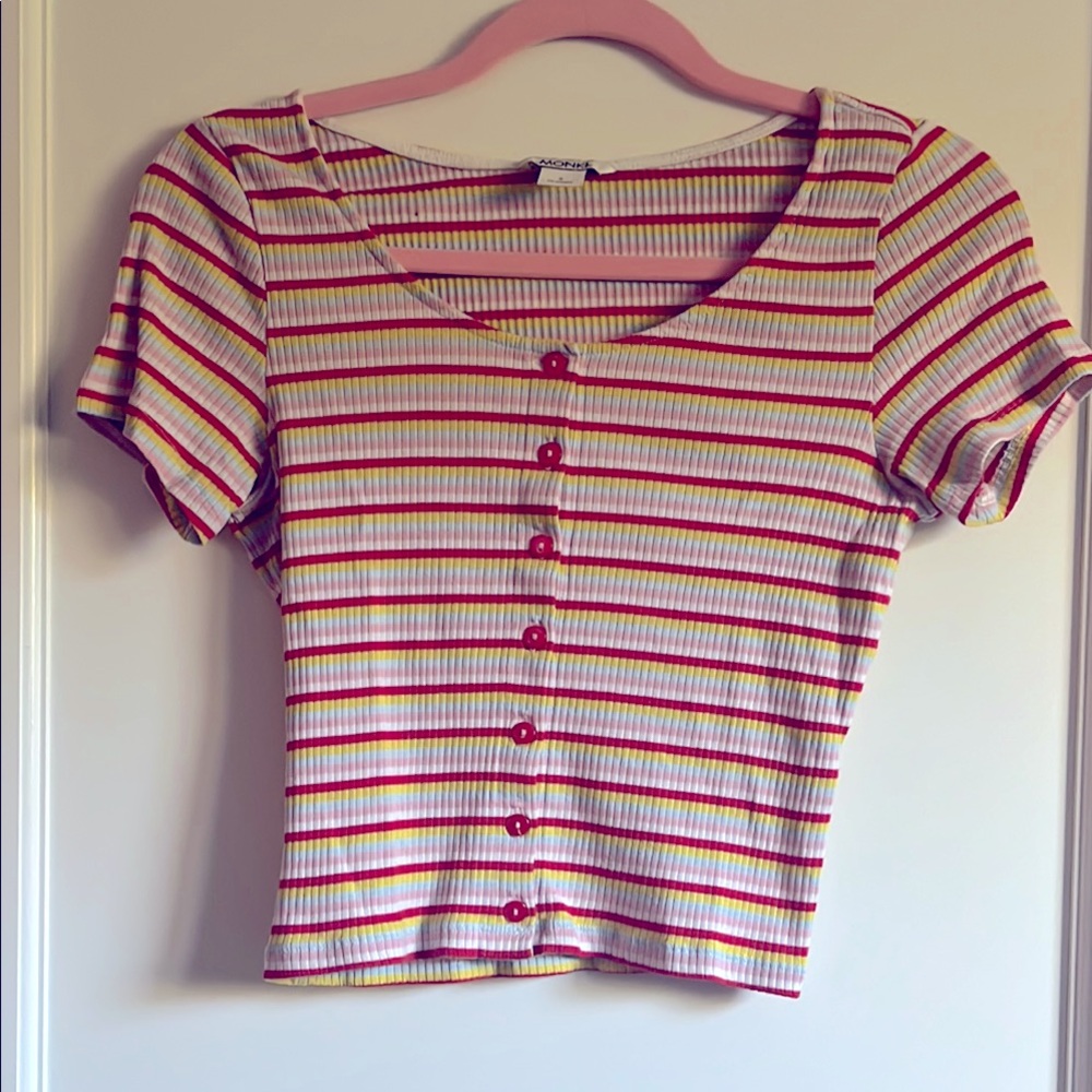 Monki Red and Yellow Striped Button-Down Shirt